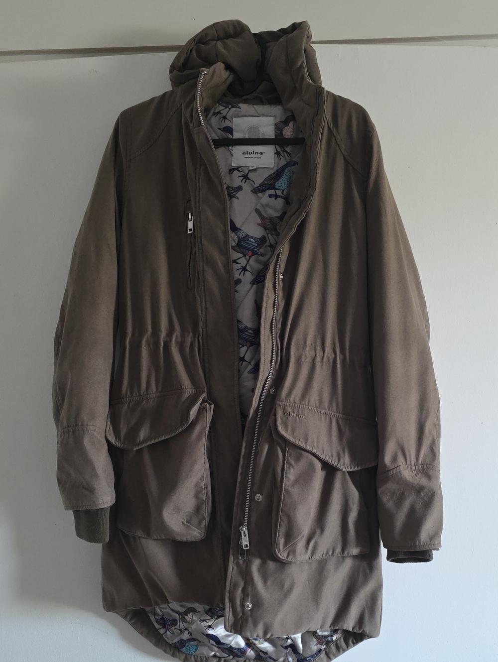 ELVINE Hooded Field Coat with Bird-Print Lining